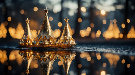 A golden crown sitting on top of a puddle of water. Generative AI image.の素材