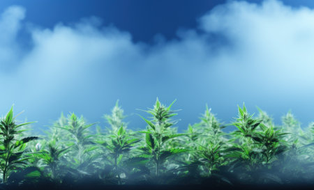 A field of green plants with a blue sky in the background. Generative AI image.の素材