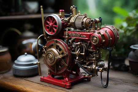 A model of a steam engine on a table. Generative AI image.の素材