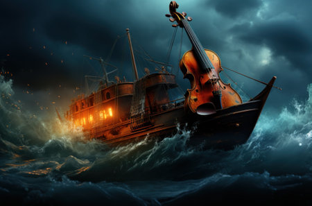 A violin sitting on top of a boat in the ocean. Generative AI image.の素材