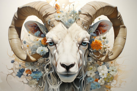 A painting of a ram with flowers on its head. Generative AI image.の素材