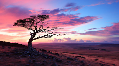 A lone tree in the desert at sunset. Generative AI image.の素材