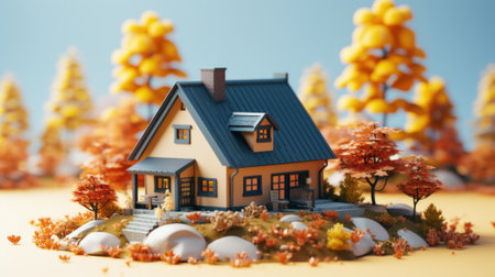 A small model of a house in the middle of a field. Generative AI image.の素材