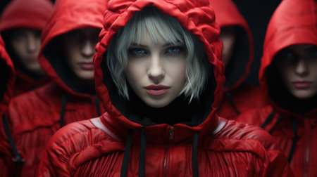 A woman in a red hoodedie surrounded by other people. Generative AI image.の素材
