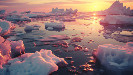 A group of icebergs floating on top of a body of water. Generative AI image.の素材