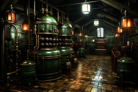 A dimly lit room with a lot of lights. Generative AI image.の素材