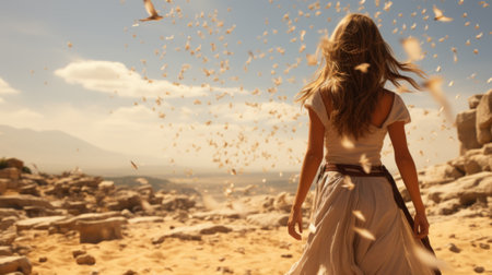 A woman in a long dress standing in the desert. Generative AI image.の素材