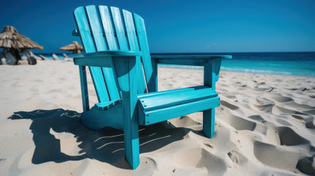 A blue chair sitting on top of a sandy beach. Generative AI image.の素材