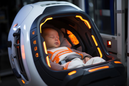 A baby is sleeping in a car seat. Generative AI image.の素材