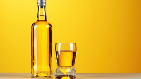 A bottle of alcohol and a glass on a table. Generative AI image.の素材