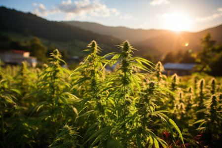 A field of hemp plants with the sun setting in the background. Generative AI image.の素材
