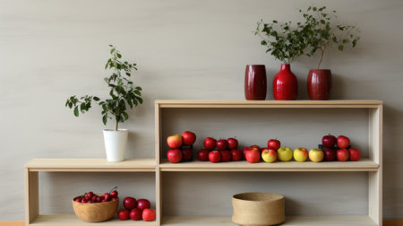 A shelf filled with lots of different types of apples. Generative AI image.の素材