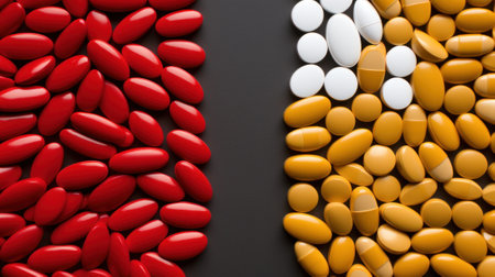 A close up of two different colored pills. Generative AI image.の素材