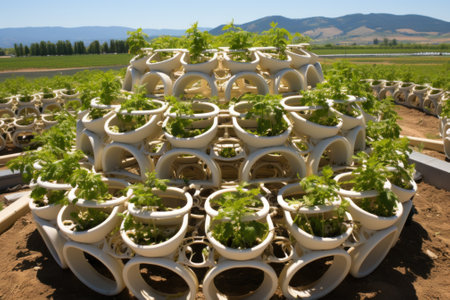 A large pile of potted plants in a field. Generative AI image.の素材