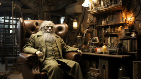 A man sitting in a chair in a room. Generative AI image.の素材