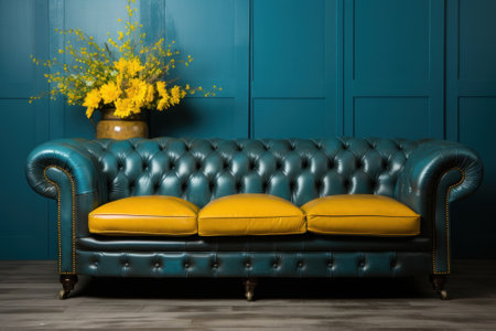 A green leather couch with yellow pillows and a vase of flowers. Generative AI image.の素材