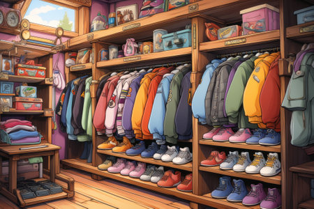 A room filled with lots of clothes and shoes. Generative AI image.の素材