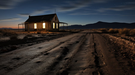 A dirt road in front of a house at night. Generative AI image.の素材