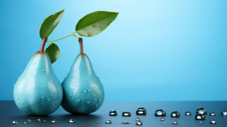 Two pears with water droplets on a table. Generative AI image.の素材