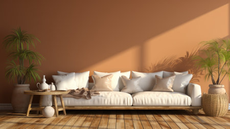 A living room with a white couch and some plants. Generative AI image.の素材