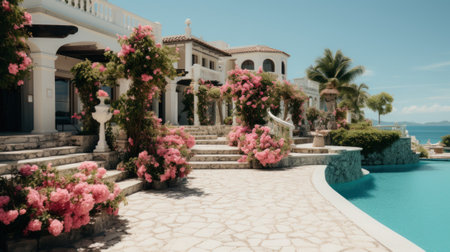 A house with a pool surrounded by pink flowers. Generative AI image.の素材