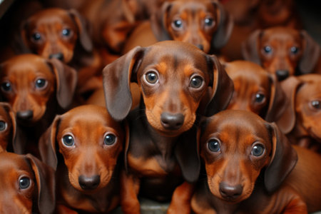 A group of brown dachshunds sitting in a bucket. Generative AI image.の素材