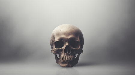 A close up of a skull on a table. Generative AI image.の素材