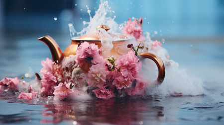 A tea pot with pink flowers splashing out of it. Generative AI image.の素材