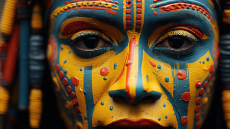 A close up of a persons face painted in bright colors. Generative AI image.の素材