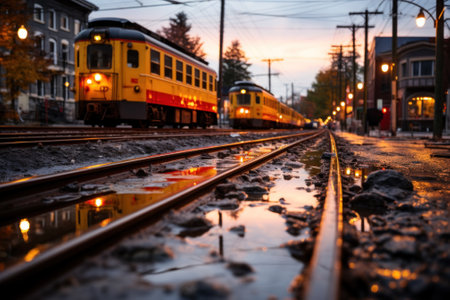 A train traveling down train tracks next to a building. Generative AI image.の素材