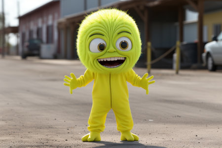 A person in a yellow costume standing on a street. Generative AI image.の素材