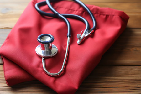 A stethoscope sitting on top of a red bag. Generative AI image.の素材