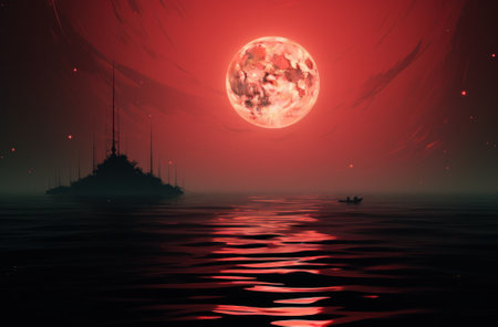 A boat floating on top of a body of water. Generative AI image.の素材