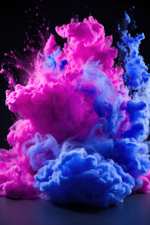 A pink and blue cloud of smoke against a black background. Generative AI image.の素材