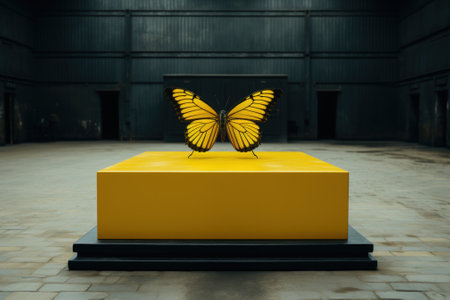 A large yellow butterfly sitting on top of a yellow box. Generative AI image.の素材