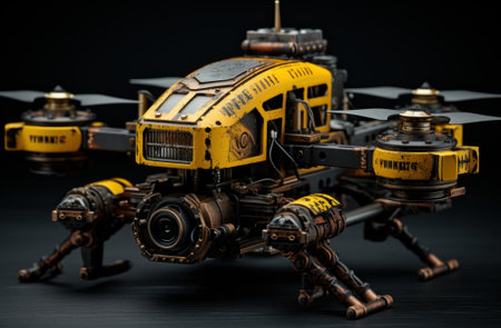 A yellow and black model of a flying robot. Generative AI image.の素材