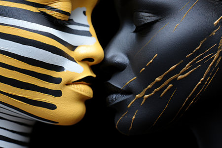 A close up of two people with painted faces. Generative AI image.の素材