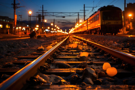 A train traveling down train tracks at night. Generative AI image.の素材