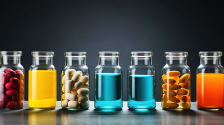 A row of bottles filled with different colored pills. Generative AI image.の素材