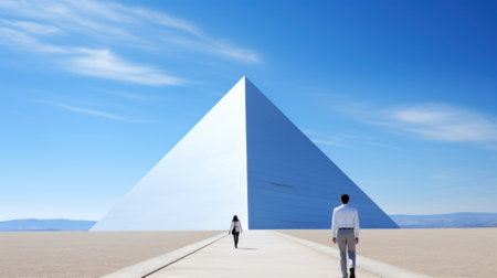 A man and a woman walking in front of a pyramid. Generative AI image.の素材
