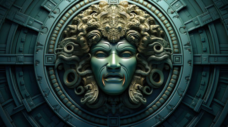 A statue of a mans face in a circle. Generative AI image.の素材