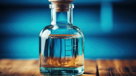 A bottle of water sitting on top of a wooden table. Generative AI image.の素材