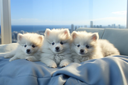 Three small white dogs laying on top of a bed. Generative AI image.の素材