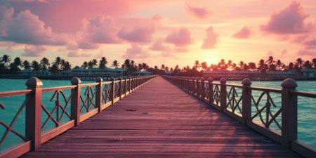 A wooden bridge over a body of water. Generative AI image.の素材