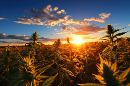 A field of cannabis plants with the sun setting in the background. Generative AI image.の素材