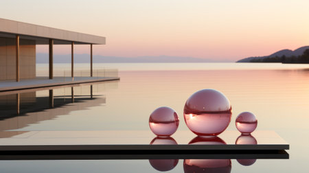 A group of glass spheres sitting on top of a pool. Generative AI image.の素材
