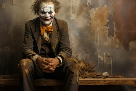 A man dressed as the joker sitting on a bench. Generative AI image.の素材