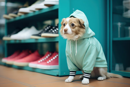 A dog wearing a hoodie in front of a rack of shoes. Generative AI image.の素材