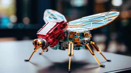 A close up of a toy insect on a table. Generative AI image.の素材