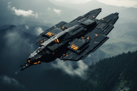 A futuristic fighter jet flying through the air. Generative AI image.の素材